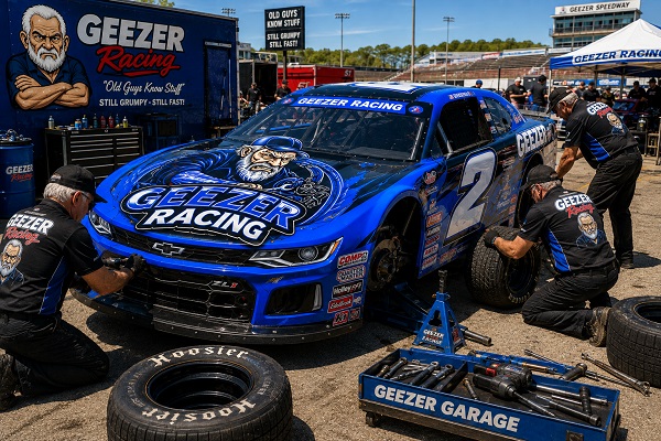 Grumpy Old Geezer Racing circle-track car being adjusted in a bright racetrack pit area