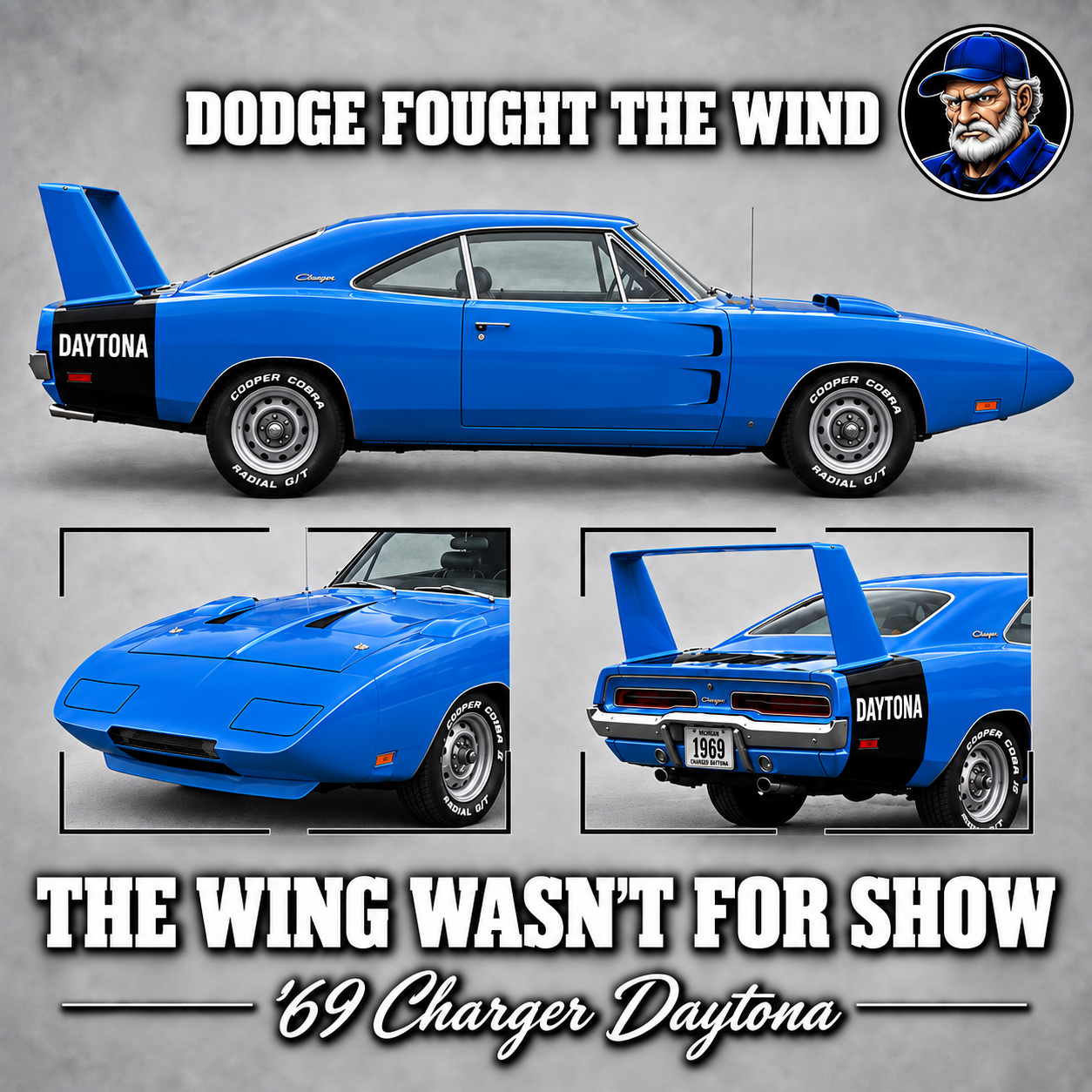 1969 Dodge Charger Daytona in blue, showing its pointed nose and tall rear wing